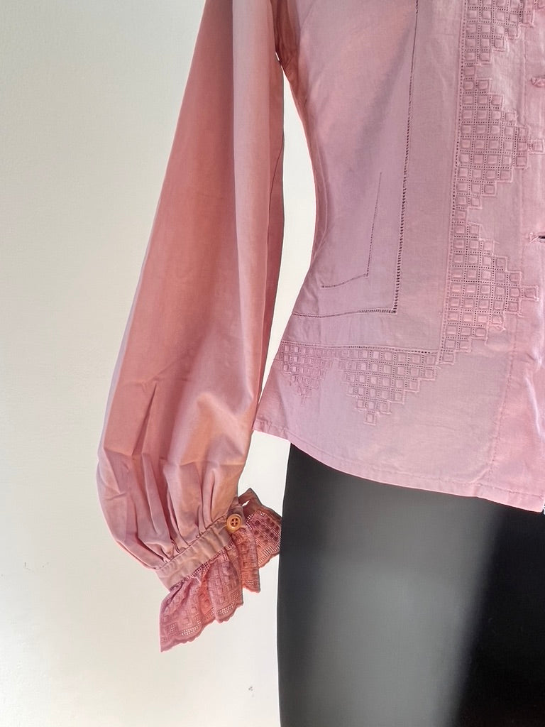 Vintage 1980s Pink Ruffle Collar Blouse - Bavarian Folk Style - Wiesn / Oktoberfest Trachten Bluse