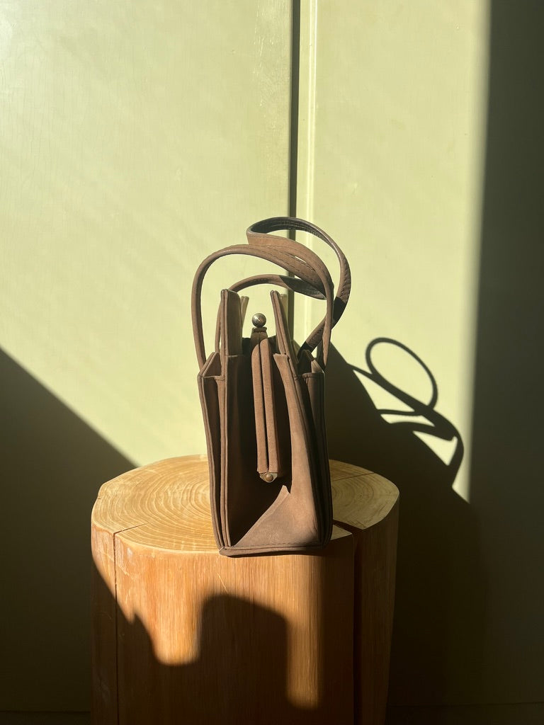 Vintage 1940s Taupe Suede Structured Handbag - Classic Mid-Century Style