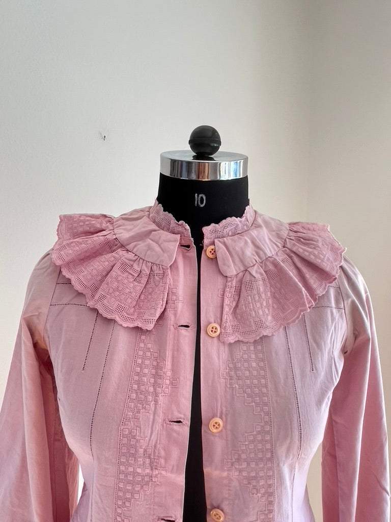 Vintage 1980s Pink Ruffle Collar Blouse - Bavarian Folk Style - Wiesn / Oktoberfest Trachten Bluse