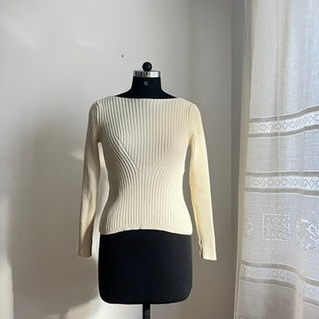 Vintage Y2K Cream Cotton Ribbed Sweater - Classic Minimalist Style