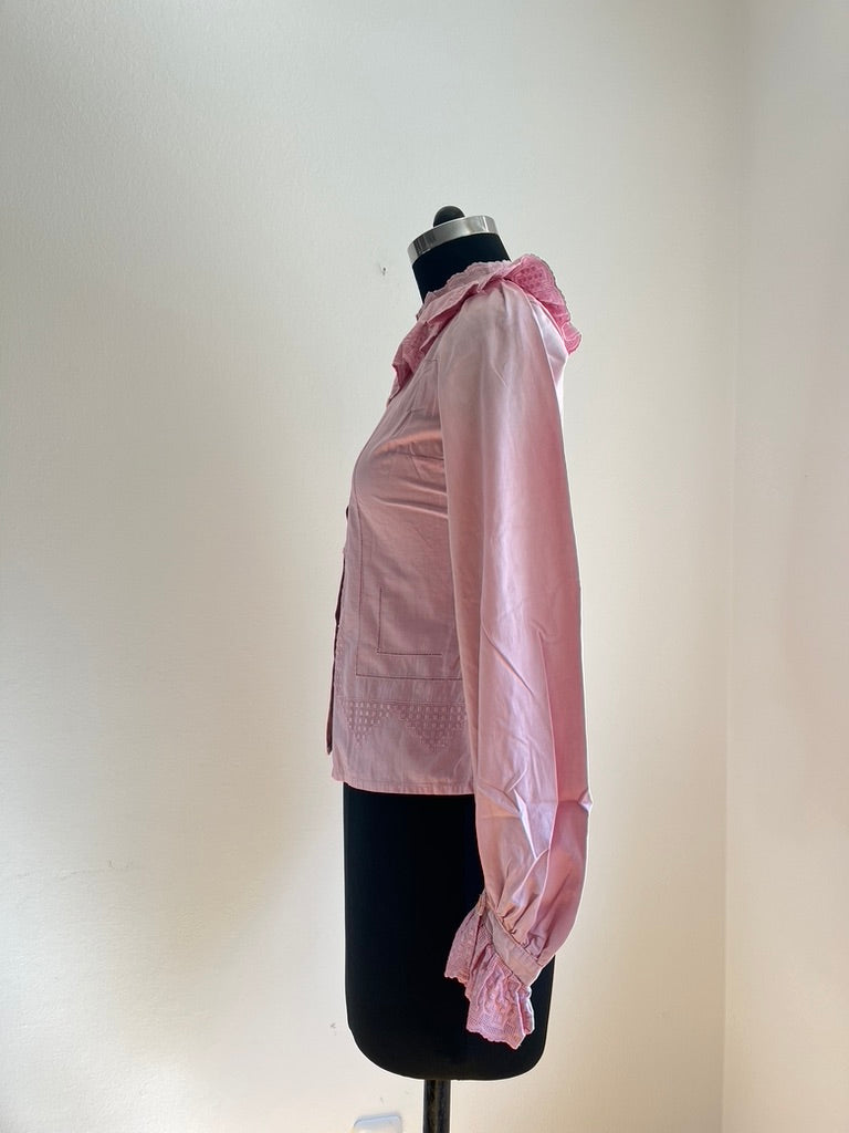Vintage 1980s Pink Ruffle Collar Blouse - Bavarian Folk Style - Wiesn / Oktoberfest Trachten Bluse