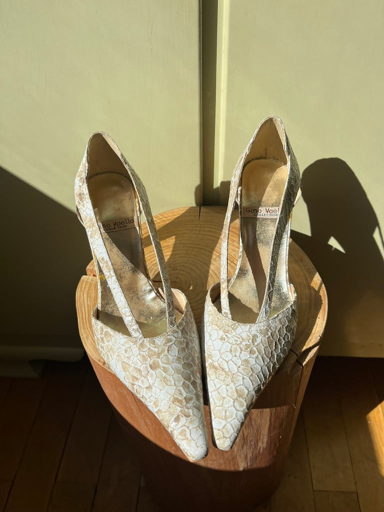 Vintage Reptile Pattern Slingback Heels in White