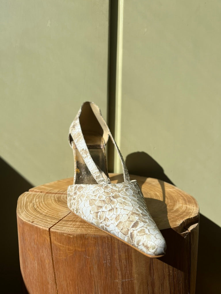 Vintage Reptile Pattern Slingback Heels in White