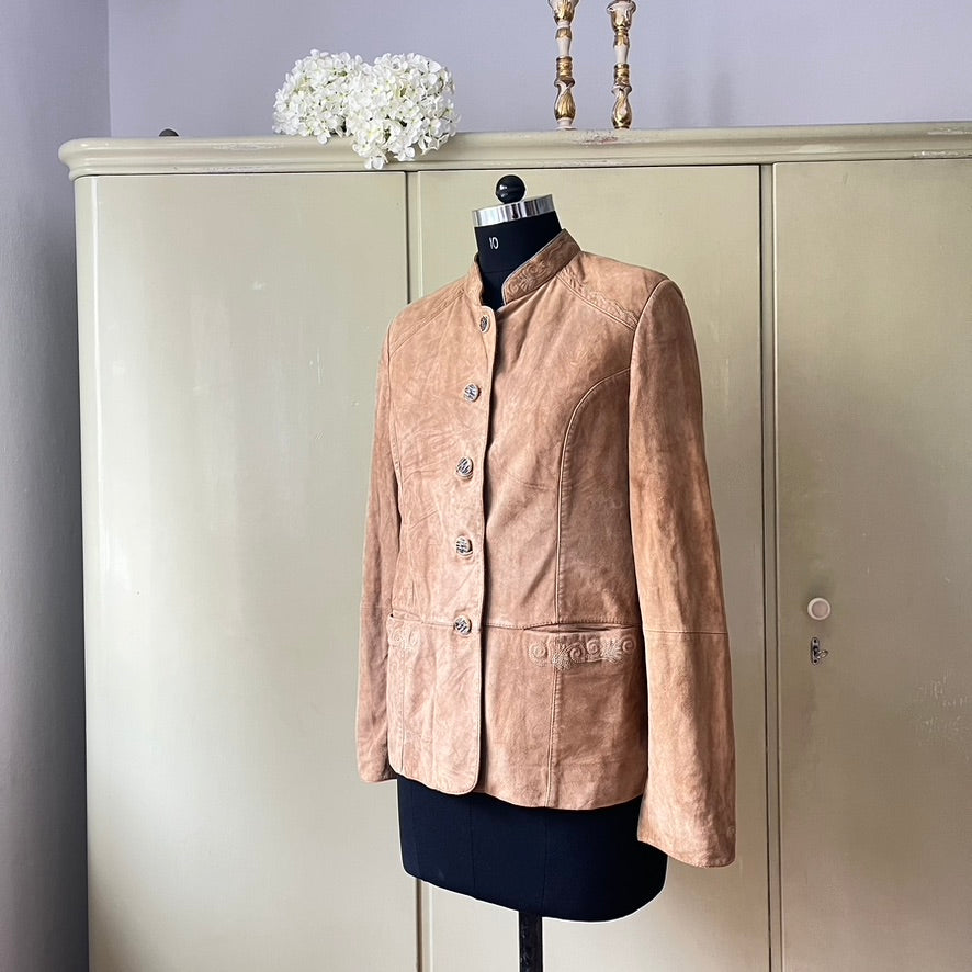Vintage Beige Suede Trachten Jacket, Janker - Traditional Austrian Leather with Embossed Details