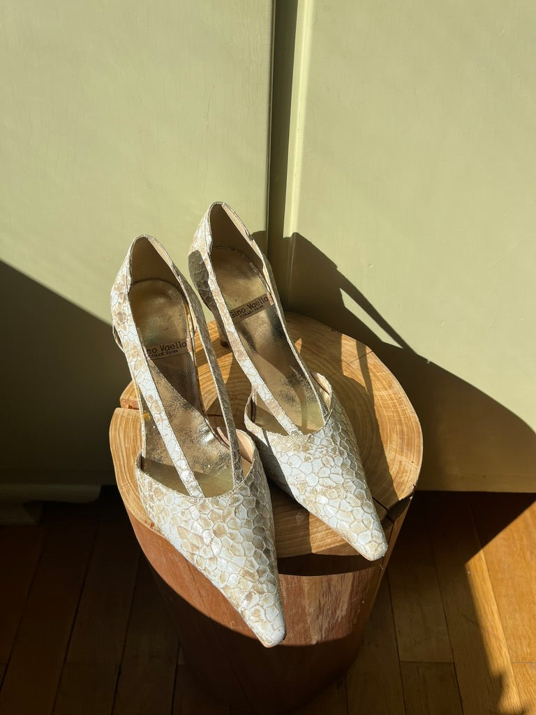 Vintage Reptile Pattern Slingback Heels in White