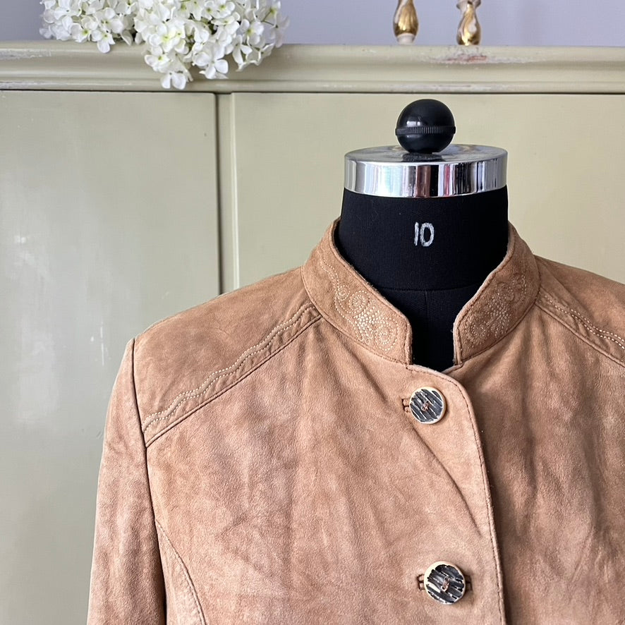 Vintage Beige Suede Trachten Jacket, Janker - Traditional Austrian Leather with Embossed Details