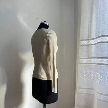 Vintage Y2K Cream Cotton Ribbed Sweater - Classic Minimalist Style