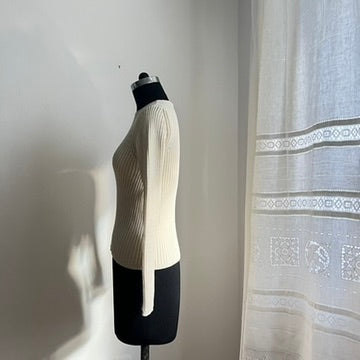 Vintage Y2K Cream Cotton Ribbed Sweater - Classic Minimalist Style