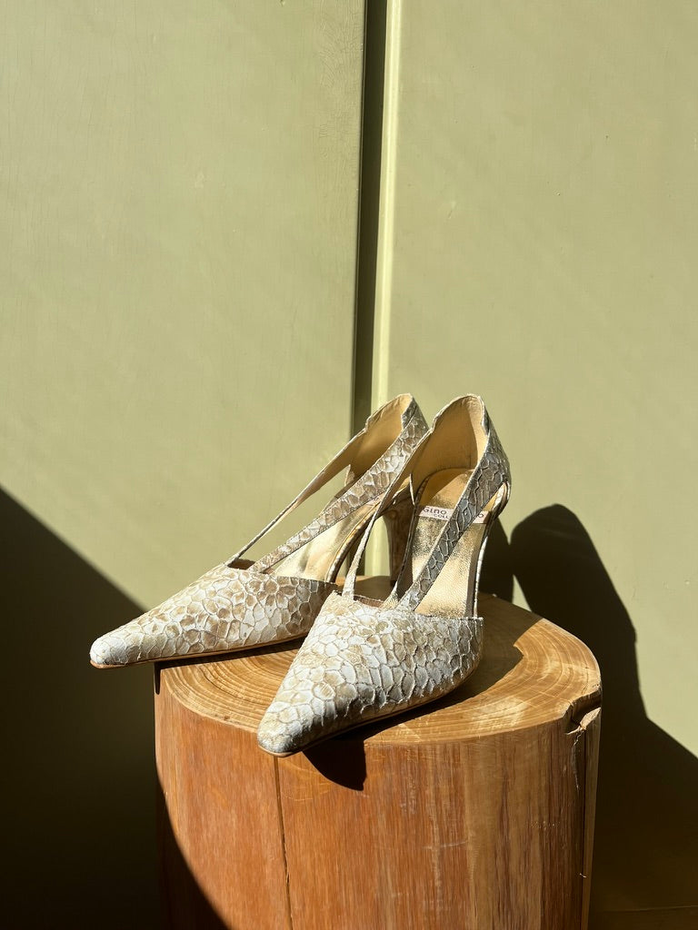 Vintage Reptile Pattern Slingback Heels in White