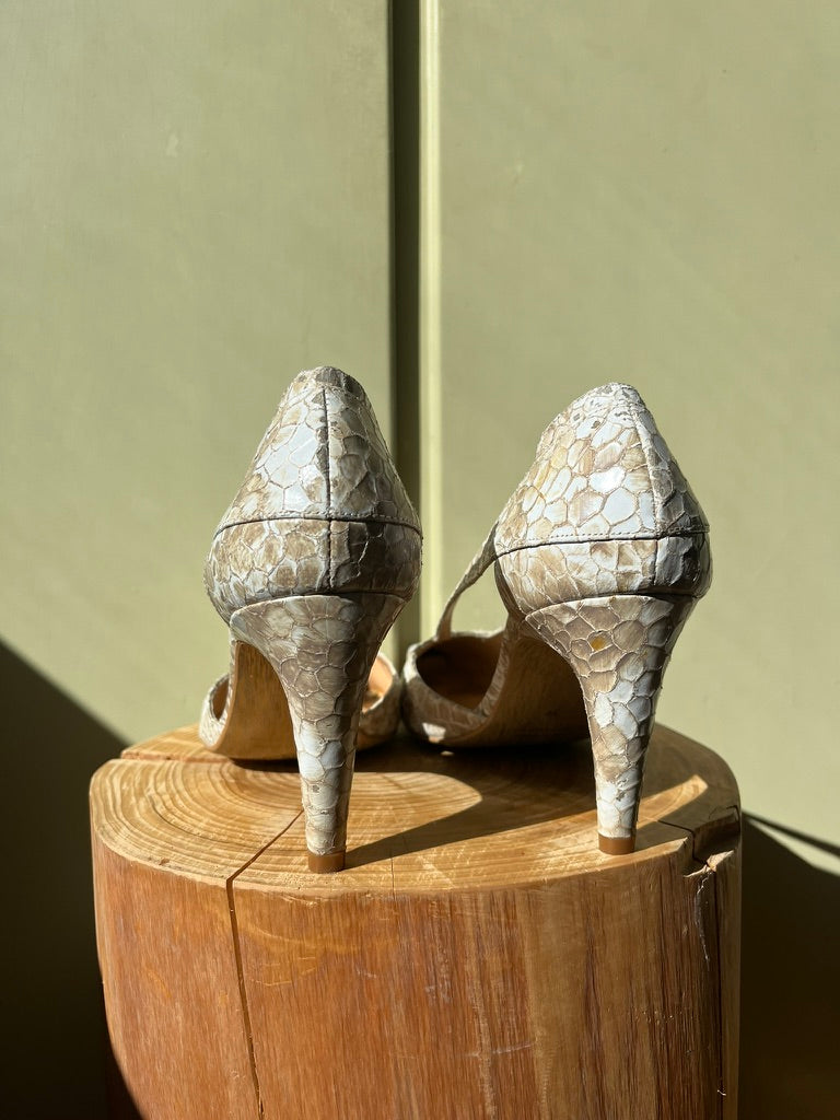 Vintage Reptile Pattern Slingback Heels in White