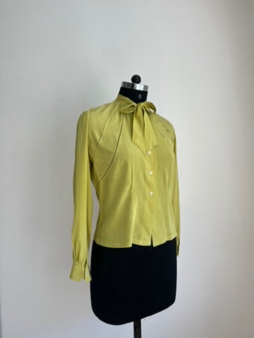 1930s-1940s Pure Silk Chartreuse Bow Tie Blouse Vintage