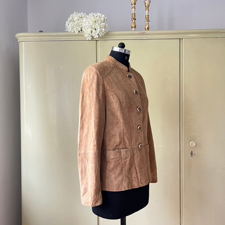 Vintage Beige Suede Trachten Jacket, Janker - Traditional Austrian Leather with Embossed Details