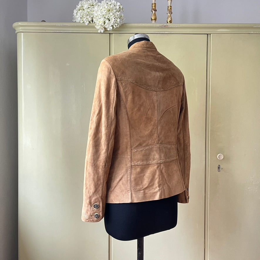 Vintage Beige Suede Trachten Jacket, Janker - Traditional Austrian Leather with Embossed Details