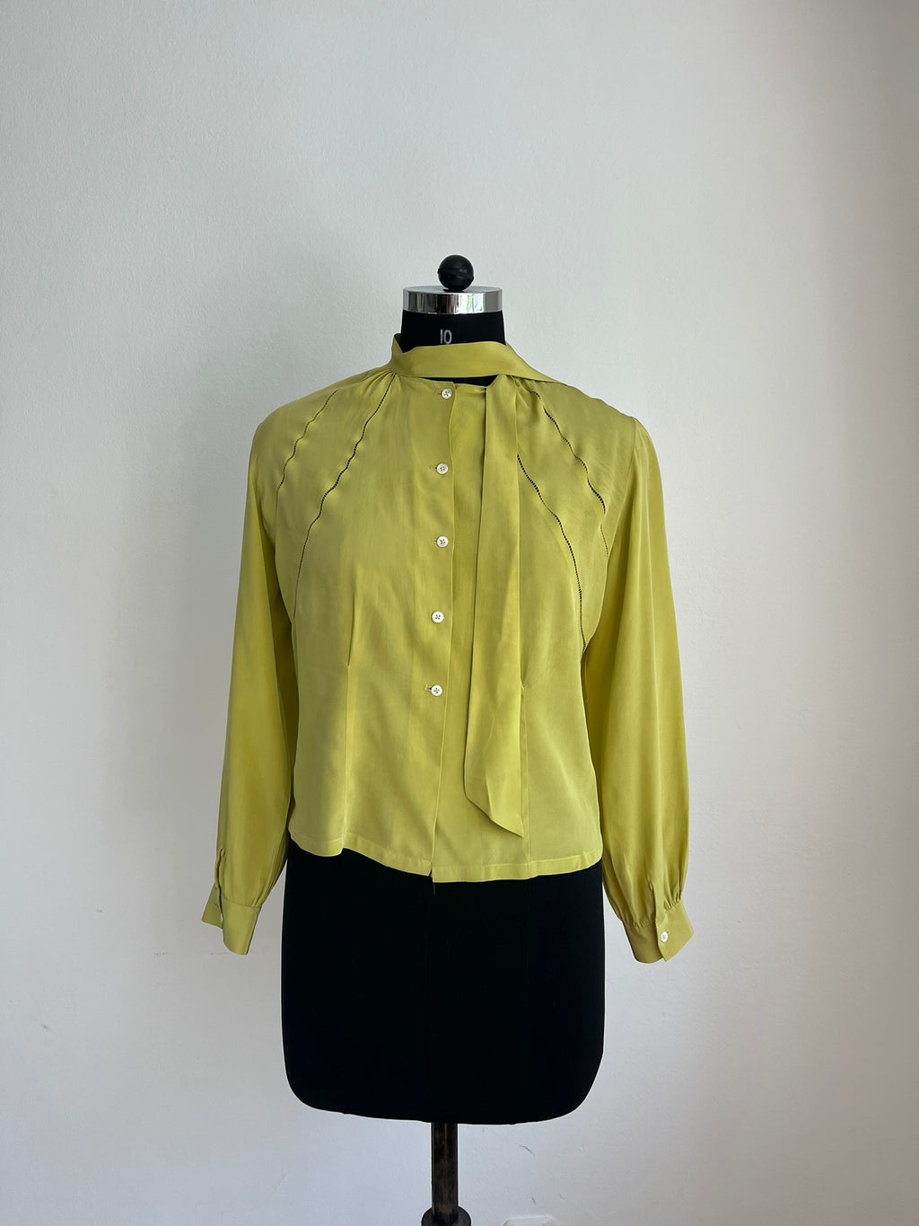 1930s-1940s Pure Silk Chartreuse Bow Tie Blouse Vintage