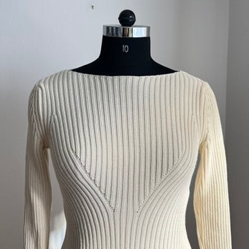 Vintage Y2K Cream Cotton Ribbed Sweater - Classic Minimalist Style