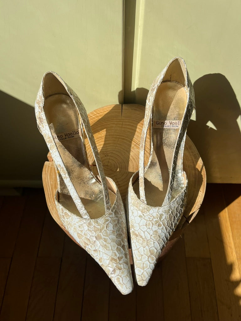 Vintage Reptile Pattern Slingback Heels in White