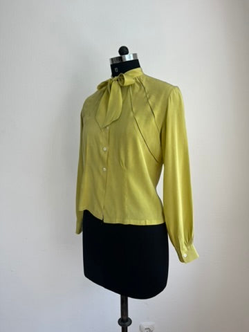 1930s-1940s Pure Silk Chartreuse Bow Tie Blouse Vintage