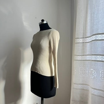 Vintage Y2K Cream Cotton Ribbed Sweater - Classic Minimalist Style