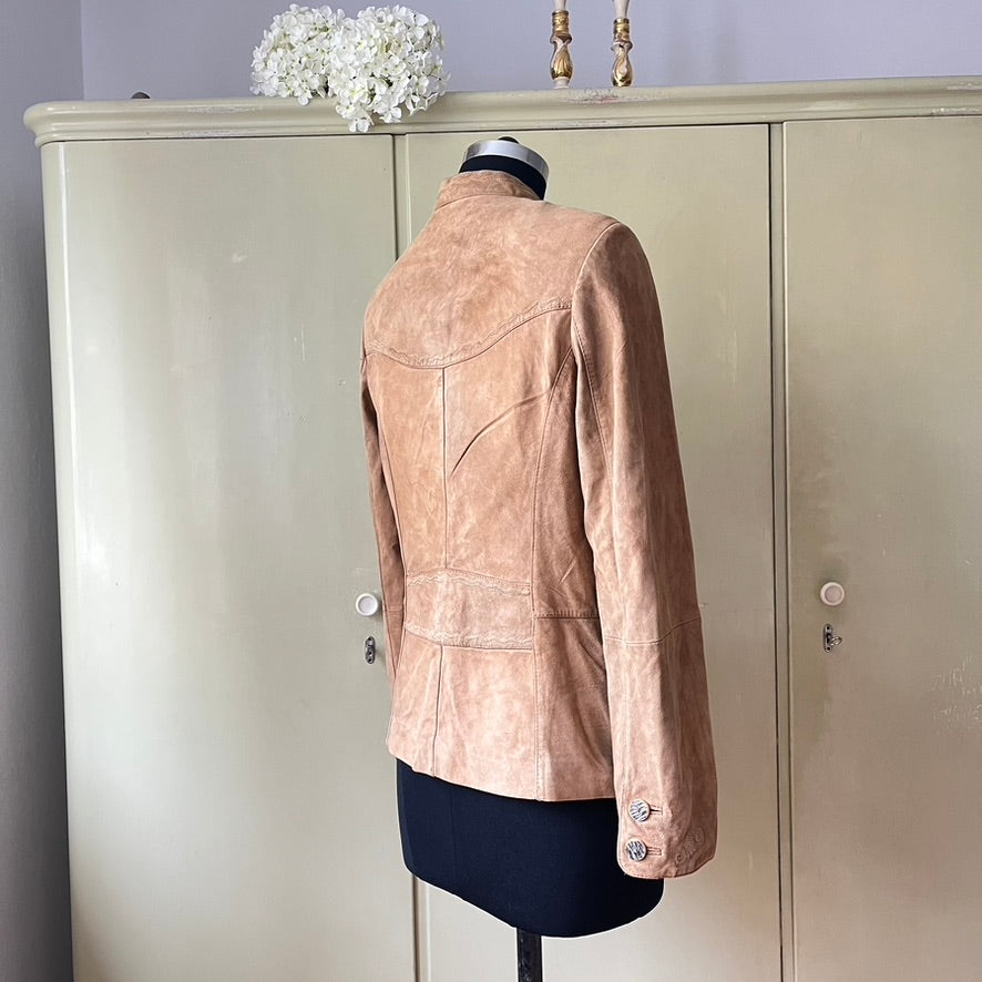 Vintage Beige Suede Trachten Jacket, Janker - Traditional Austrian Leather with Embossed Details