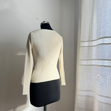 Vintage Y2K Cream Cotton Ribbed Sweater - Classic Minimalist Style
