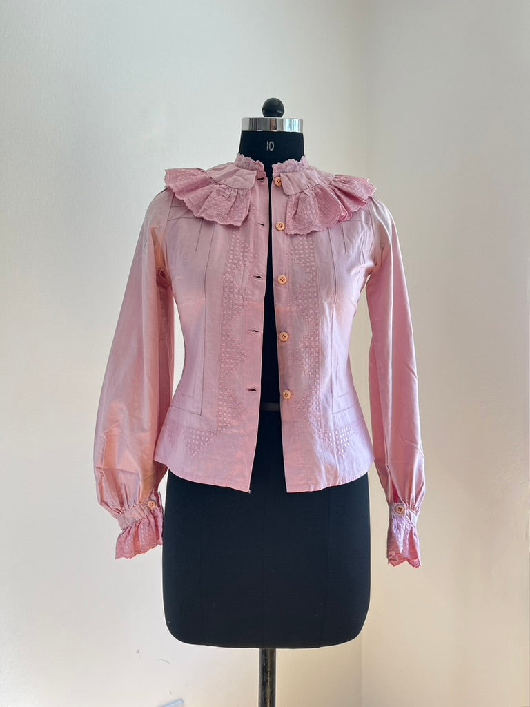 Vintage 1980s Pink Ruffle Collar Blouse - Bavarian Folk Style - Wiesn / Oktoberfest Trachten Bluse