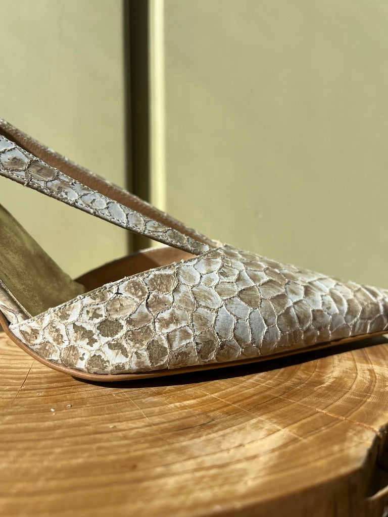 Vintage Reptile Pattern Slingback Heels in White