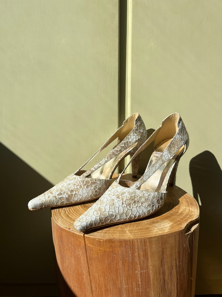 Vintage Reptile Pattern Slingback Heels in White