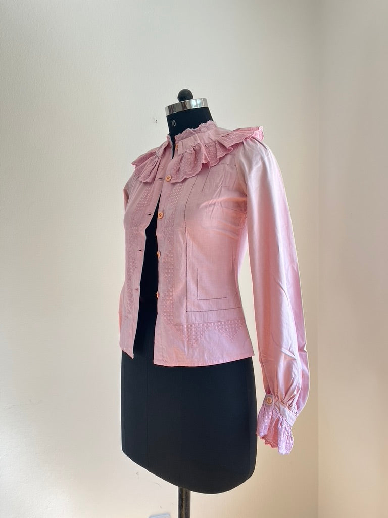 Vintage 1980s Pink Ruffle Collar Blouse - Bavarian Folk Style - Wiesn / Oktoberfest Trachten Bluse