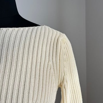 Vintage Y2K Cream Cotton Ribbed Sweater - Classic Minimalist Style