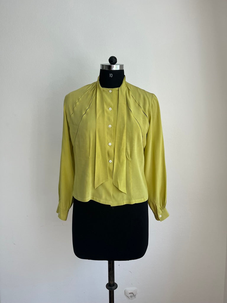 1930s-1940s Pure Silk Chartreuse Bow Tie Blouse Vintage