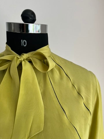 1930s-1940s Pure Silk Chartreuse Bow Tie Blouse Vintage