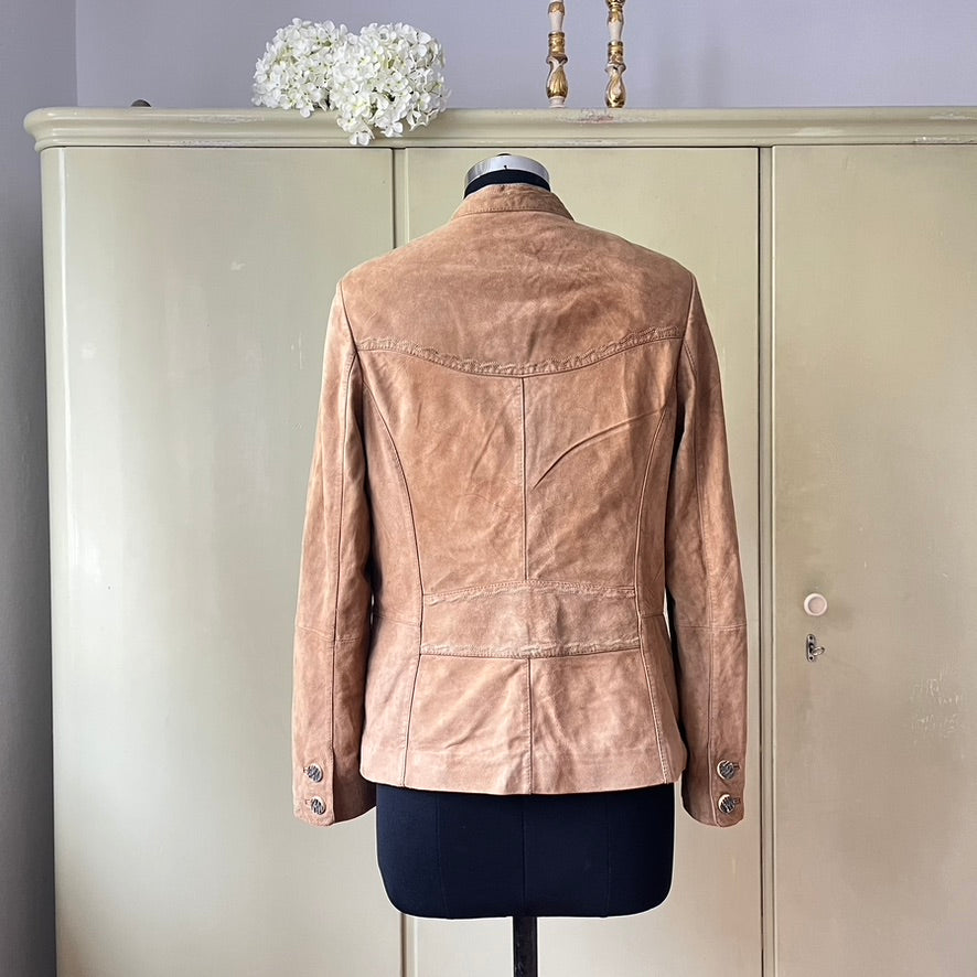 Vintage Beige Suede Trachten Jacket, Janker - Traditional Austrian Leather with Embossed Details