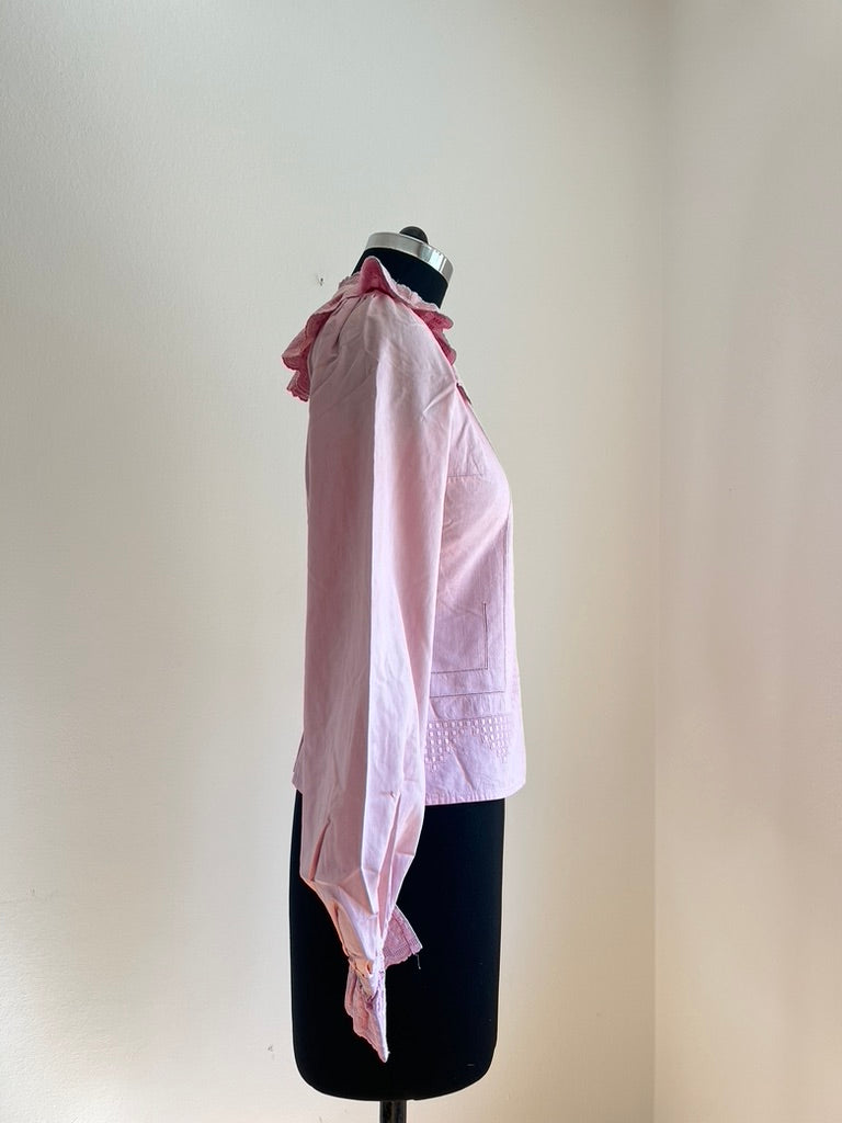 Vintage 1980s Pink Ruffle Collar Blouse - Bavarian Folk Style - Wiesn / Oktoberfest Trachten Bluse