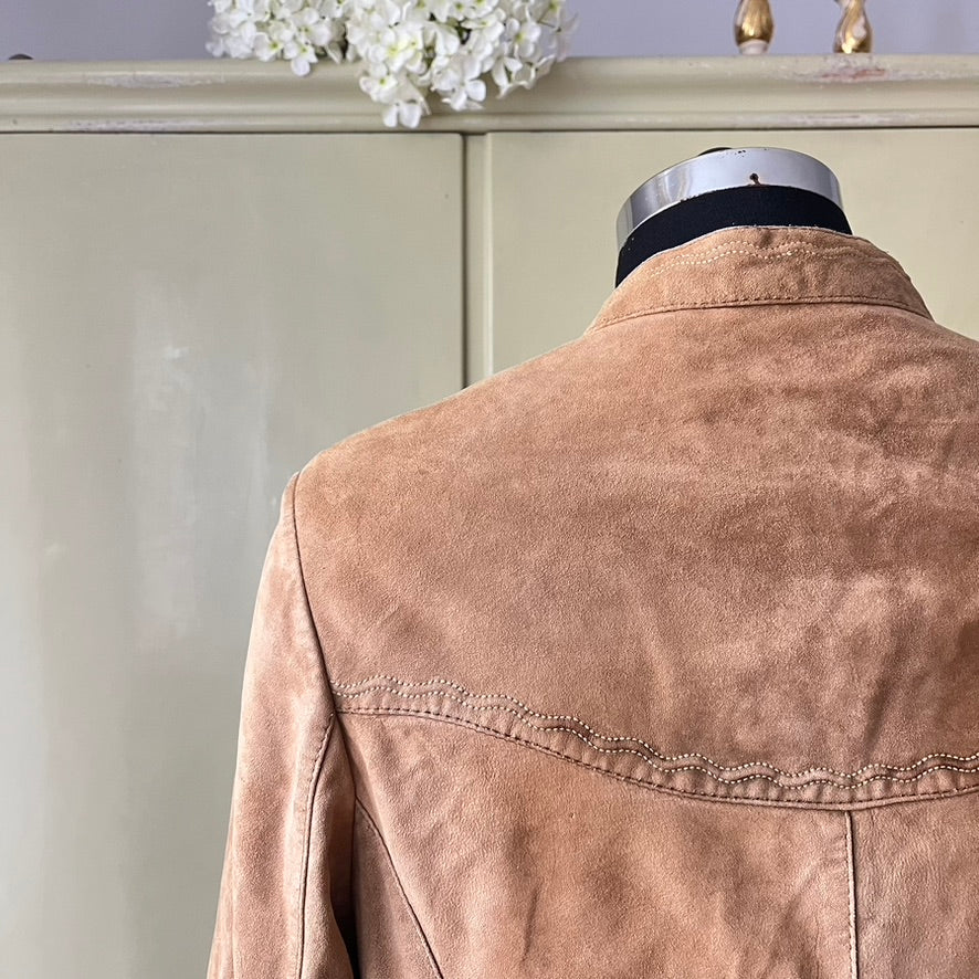 Vintage Beige Suede Trachten Jacket, Janker - Traditional Austrian Leather with Embossed Details