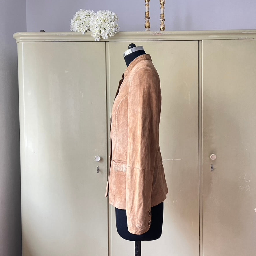 Vintage Beige Suede Trachten Jacket, Janker - Traditional Austrian Leather with Embossed Details